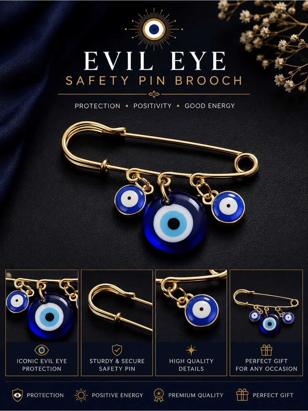 🧿Evil Eye Safety Pin Brooch - Gold with Blue Eye Charms🧿 Pregnancy Pin🧿